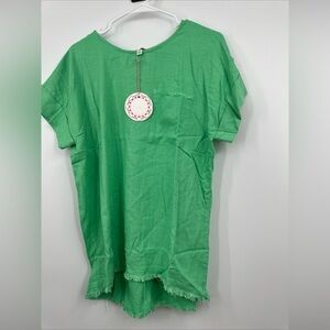 NWT Umgee Green Frayed Hem & Pocket Tunic Sz S linen blend